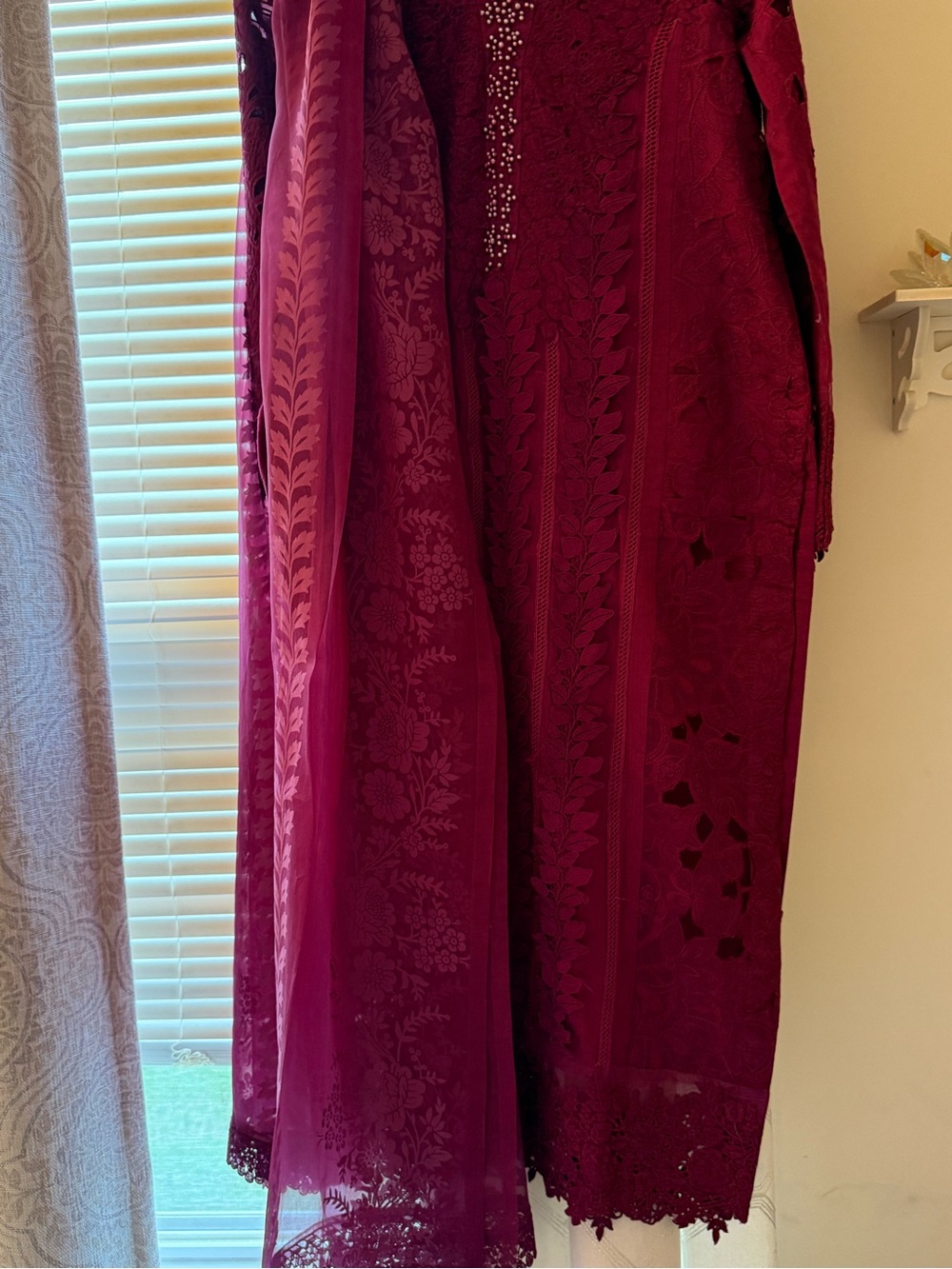 Women’s Deep Maroon Lace Maxi Skirt with Embroidered Detailing